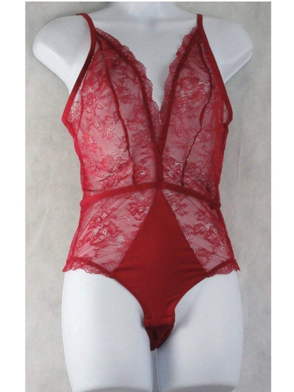 INC International Concepts Women's Lace Plunge Bodysuit, Maraschino Dark Red